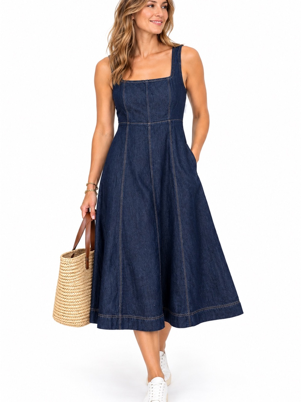 NWT Old Navy Sleeveless Denim Midi Dress Dark Wash Blue Size L Fit & Flare